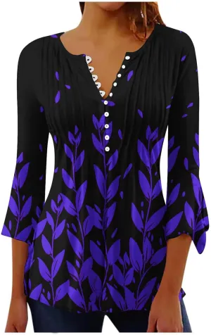 Summer Tops for Women Trendy Boho Vintage 3/4 Sleeve Tunic Blouse V-Neck T-Shirt Casual Floral Spring Fashion Outfits