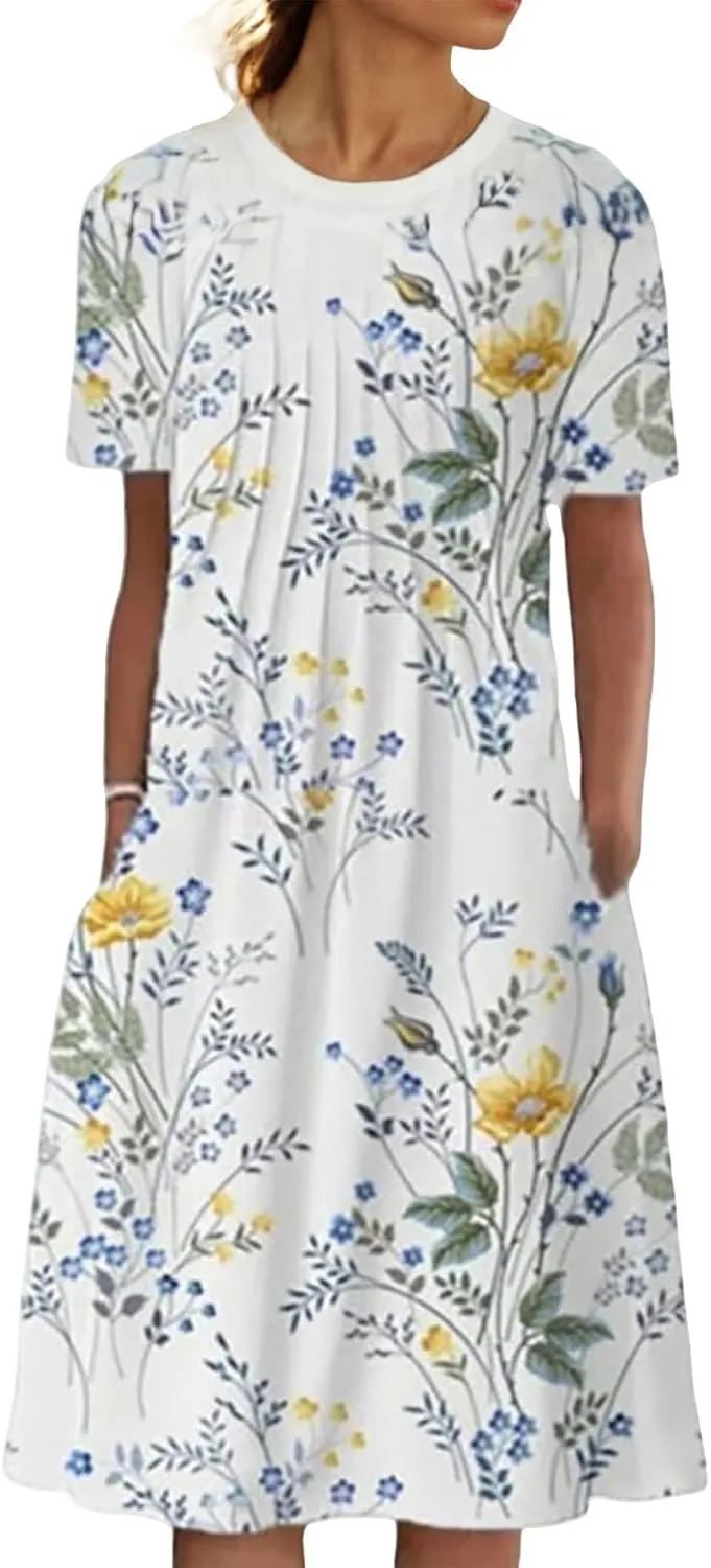 Summer Womens Dresses Boho Floral Short Sleeve Sundress Loose Fit Swing Midi Dresses Elegants Printed Dress 2025