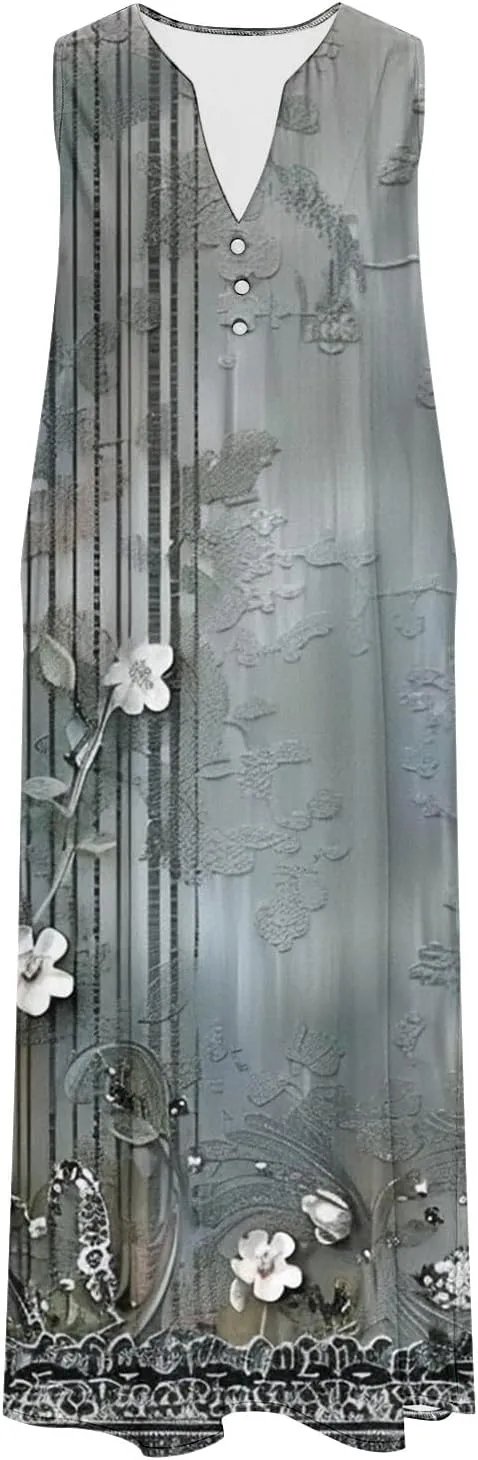 Sun Dresses for Women 2025 Vacation Plus Size Casual Sleeveless Cotton Linen Boho Flowers Print Flowy Dress