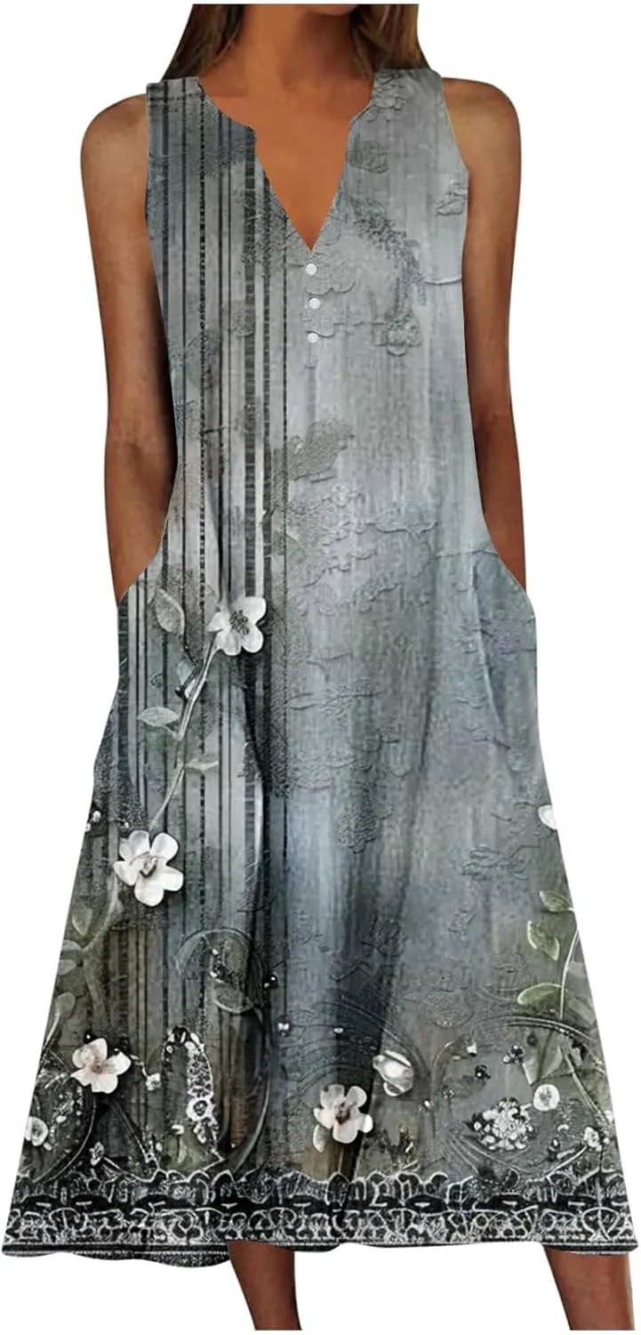 Sun Dresses for Women 2025 Vacation Plus Size Casual Sleeveless Cotton Linen Boho Flowers Print Flowy Dress