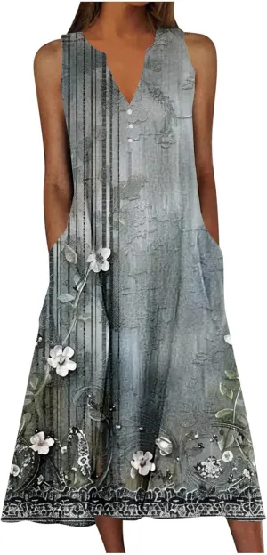 Sun Dresses for Women 2025 Vacation Plus Size Casual Sleeveless Cotton Linen Boho Flowers Print Flowy Dress