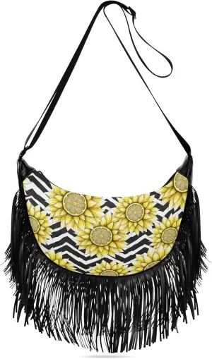 Sunflowers and Lemons Stripes Fringe Bag for Women Cross Body Bag Tassel Shoulder Bag Satchel