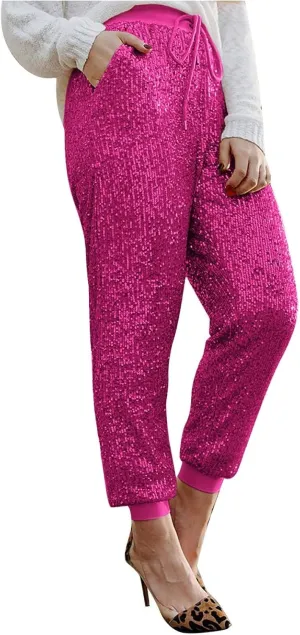 Sweatpants for Women Women's Glitter Sequin Trousers High Waist Stretchy Club Shiny Night Out Party Club Trousers