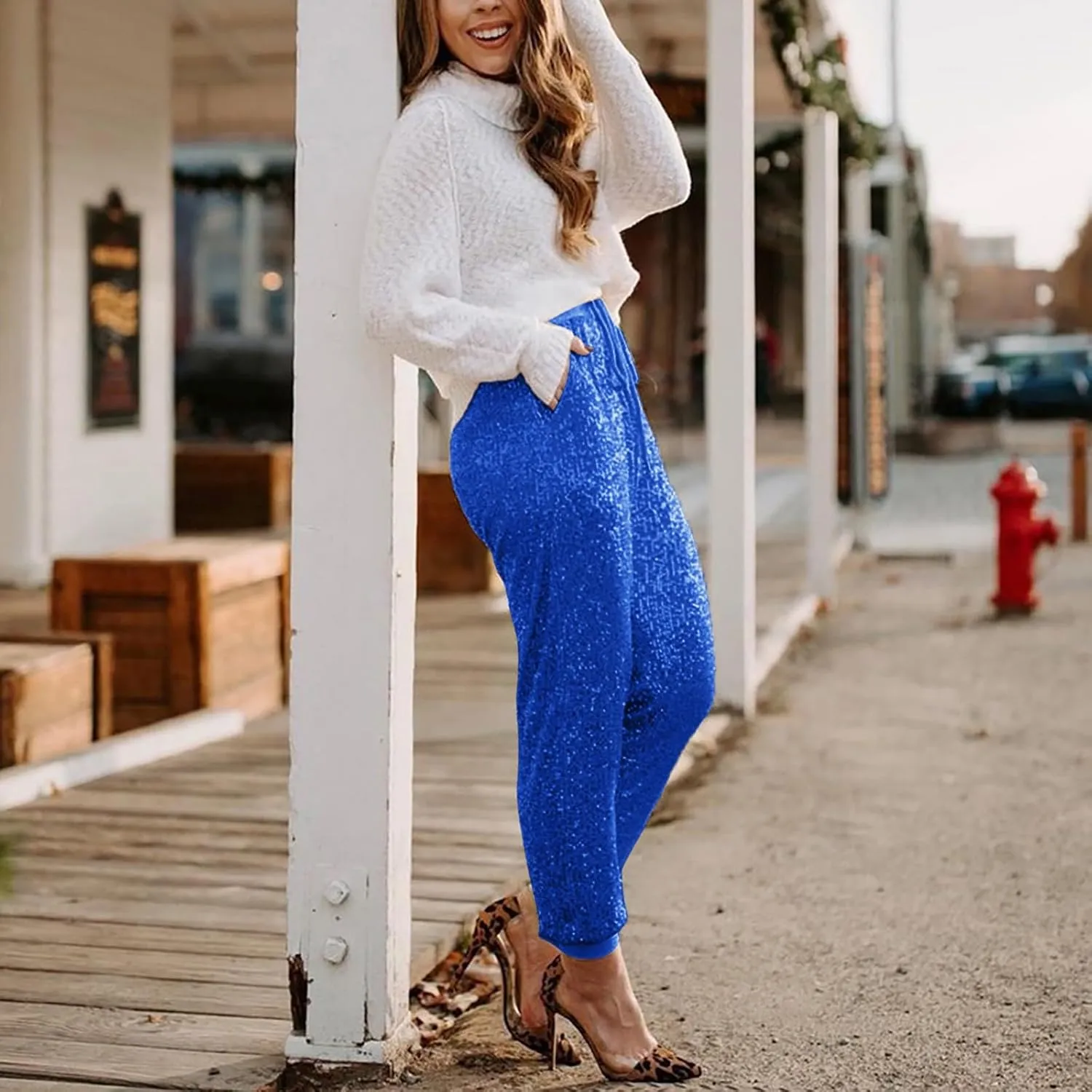 Sweatpants for Women Women's Glitter Sequin Trousers High Waist Stretchy Club Shiny Night Out Party Club Trousers