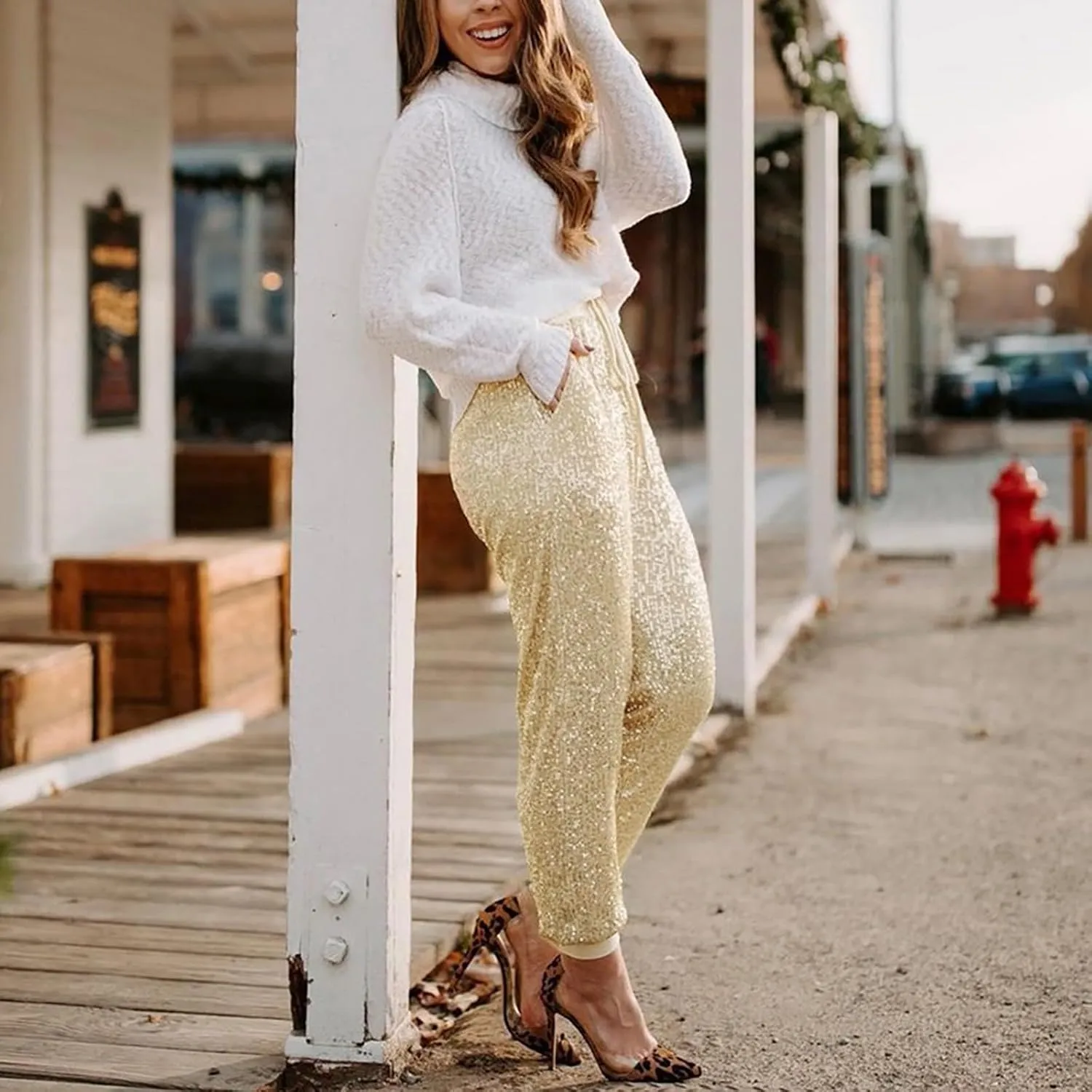 Sweatpants for Women Women's Glitter Sequin Trousers High Waist Stretchy Club Shiny Night Out Party Club Trousers