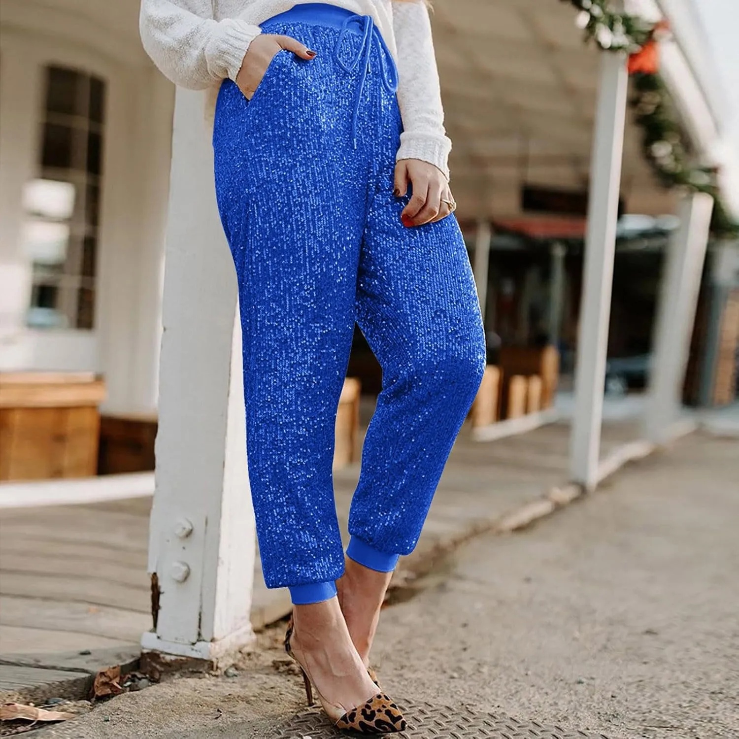 Sweatpants for Women Women's Glitter Sequin Trousers High Waist Stretchy Club Shiny Night Out Party Club Trousers