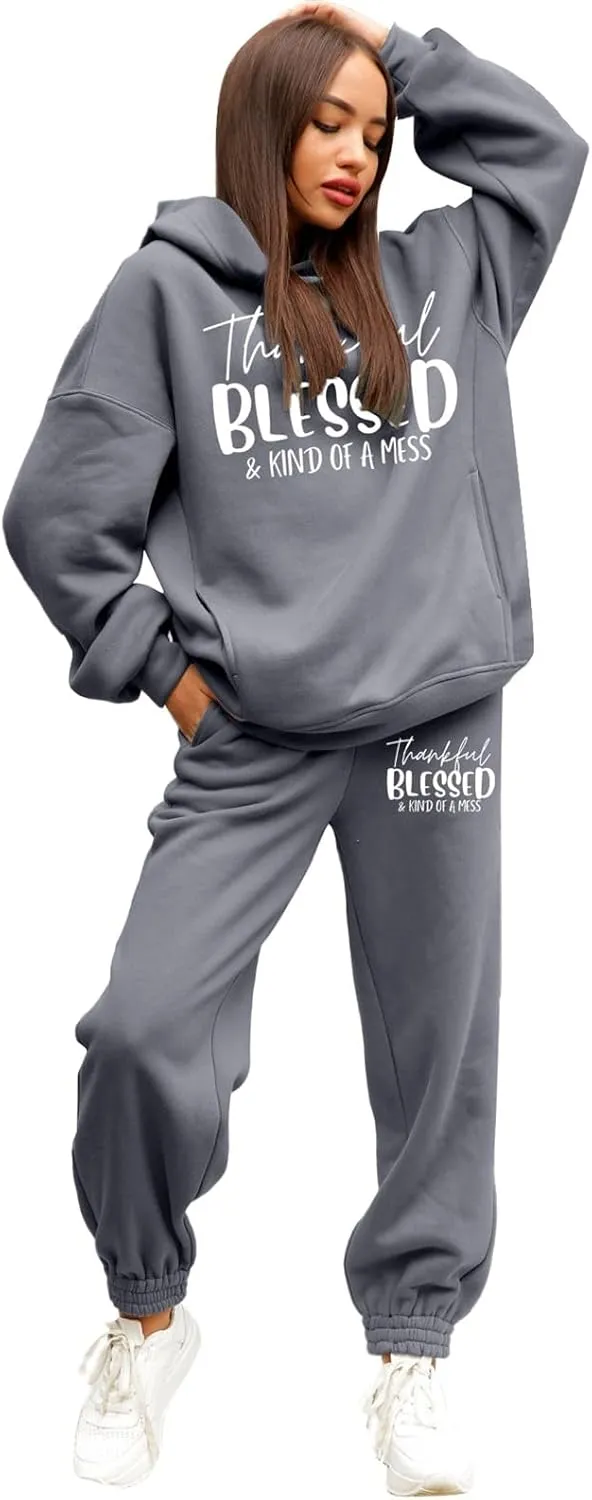 Sweatpants Women Set 2 Piece Gym Sports Long Sleeve Christian Sweatshirt Pants Warm Oversized Sweatsuits Jogger Suit