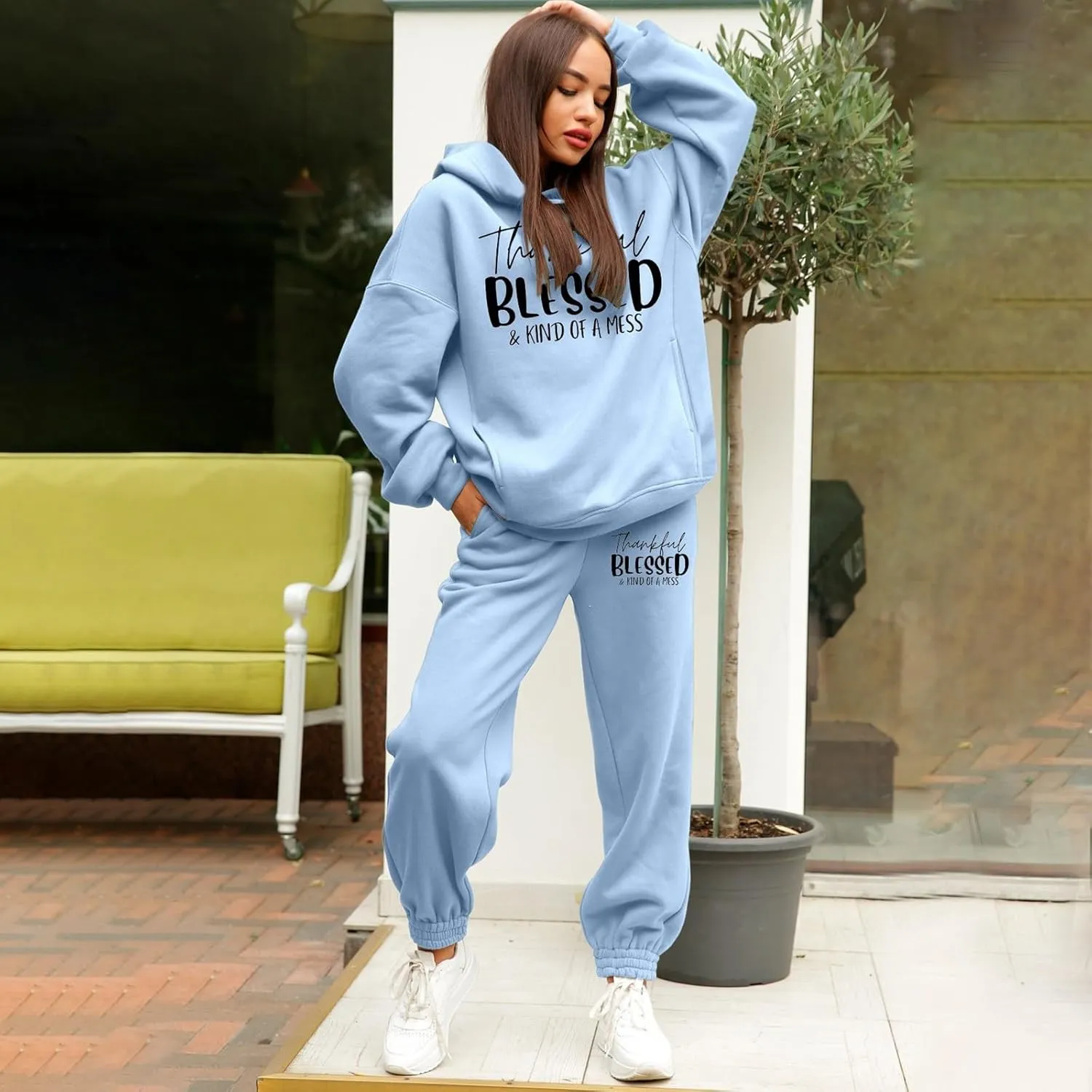 Sweatpants Women Set 2 Piece Gym Sports Long Sleeve Christian Sweatshirt Pants Warm Oversized Sweatsuits Jogger Suit