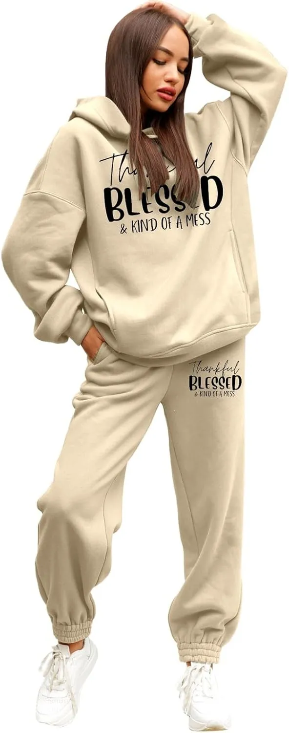 Sweatpants Women Set 2 Piece Gym Sports Long Sleeve Christian Sweatshirt Pants Warm Oversized Sweatsuits Jogger Suit