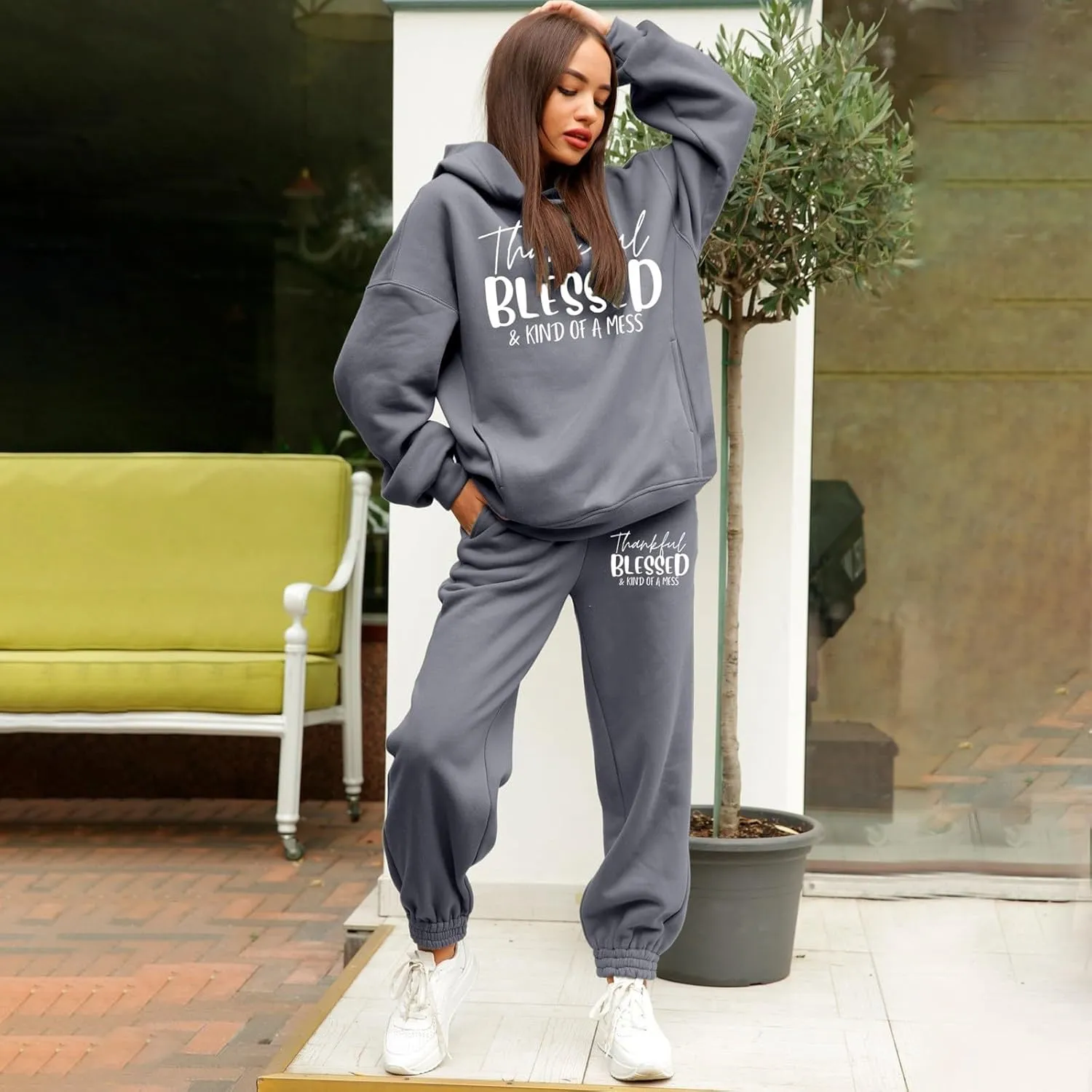 Sweatpants Women Set 2 Piece Gym Sports Long Sleeve Christian Sweatshirt Pants Warm Oversized Sweatsuits Jogger Suit