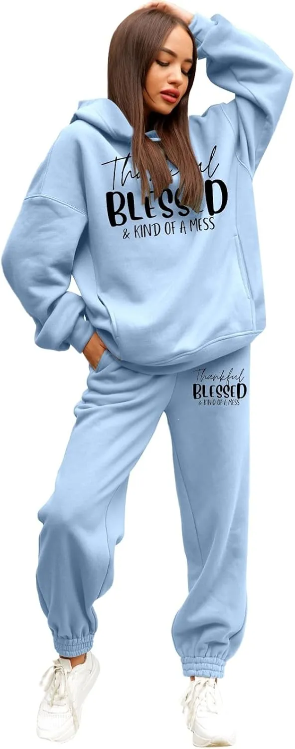Sweatpants Women Set 2 Piece Gym Sports Long Sleeve Christian Sweatshirt Pants Warm Oversized Sweatsuits Jogger Suit