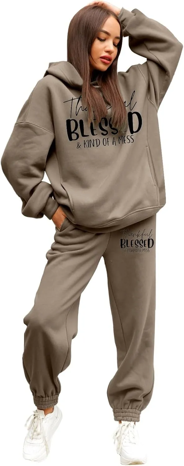 Sweatpants Women Set 2 Piece Gym Sports Long Sleeve Christian Sweatshirt Pants Warm Oversized Sweatsuits Jogger Suit