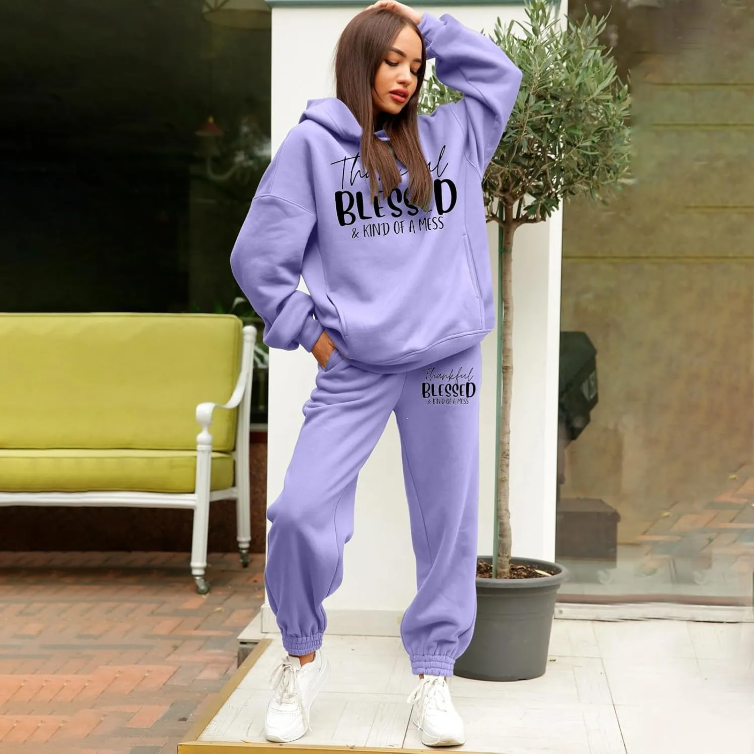 Sweatpants Women Set 2 Piece Gym Sports Long Sleeve Christian Sweatshirt Pants Warm Oversized Sweatsuits Jogger Suit