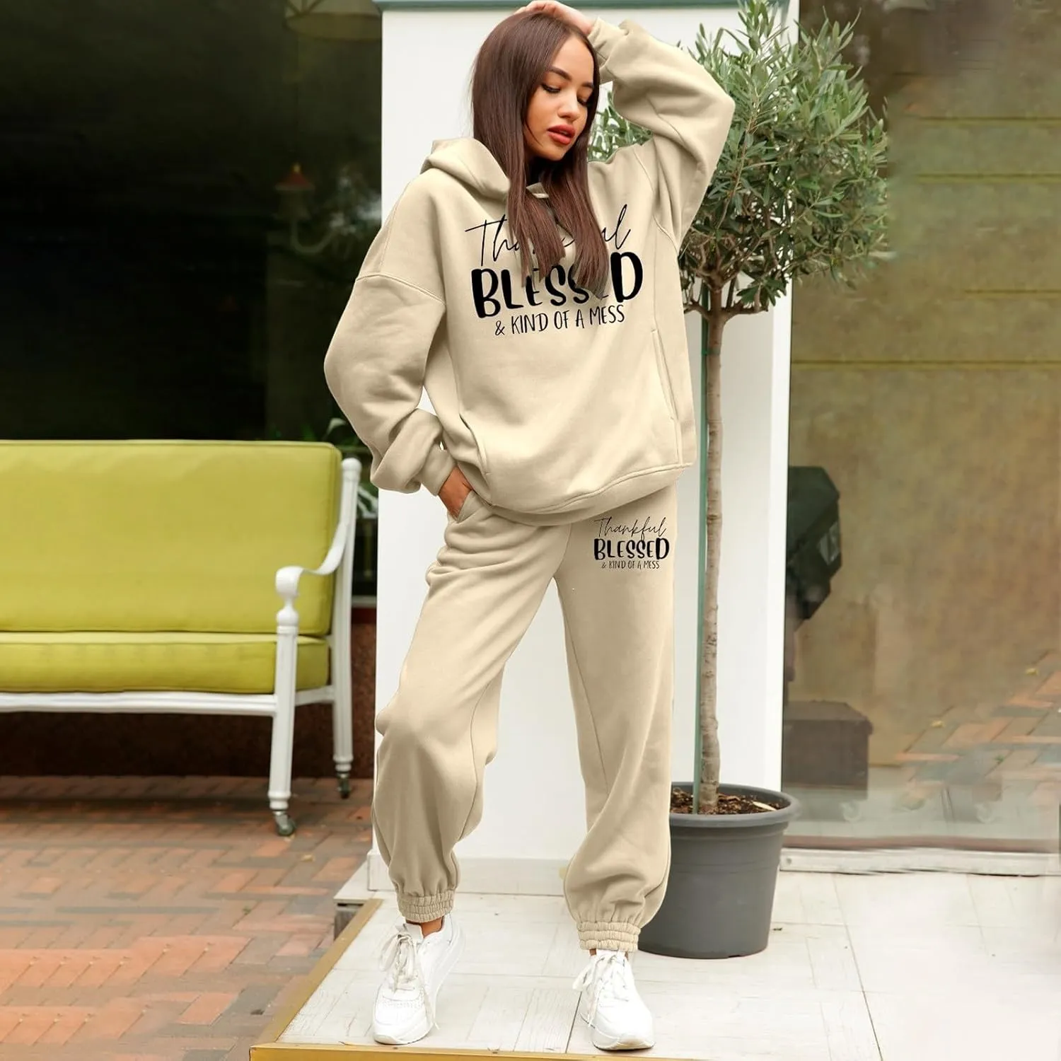 Sweatpants Women Set 2 Piece Gym Sports Long Sleeve Christian Sweatshirt Pants Warm Oversized Sweatsuits Jogger Suit
