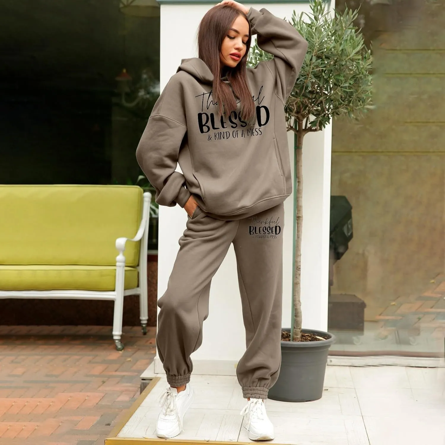Sweatpants Women Set 2 Piece Gym Sports Long Sleeve Christian Sweatshirt Pants Warm Oversized Sweatsuits Jogger Suit