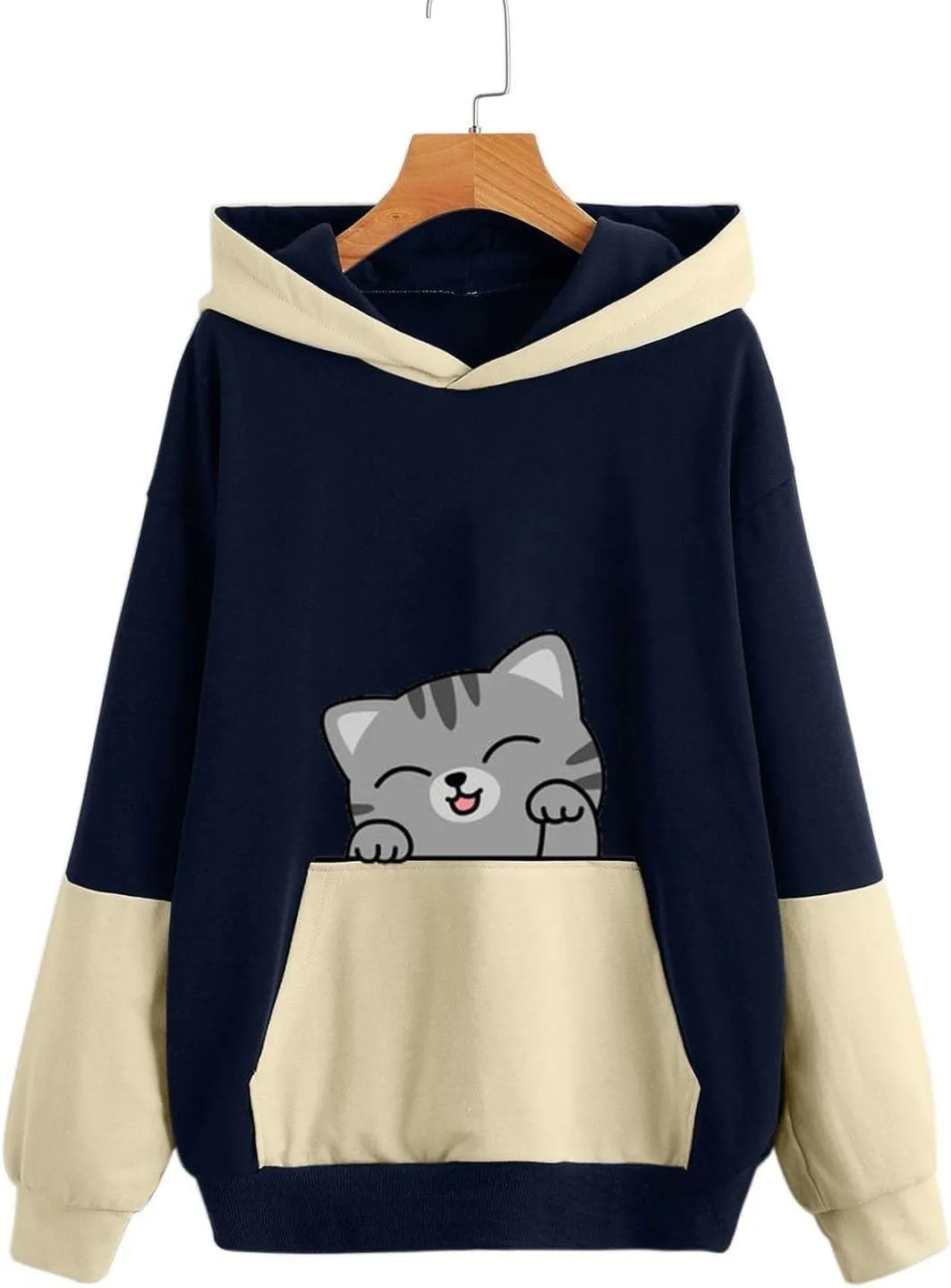 Sweatshirts for Women Trendy,Teen Girl Cute Cat Print Sweatshirt Long Sleeve Hoodies Color Block Hooded Fall Clothes
