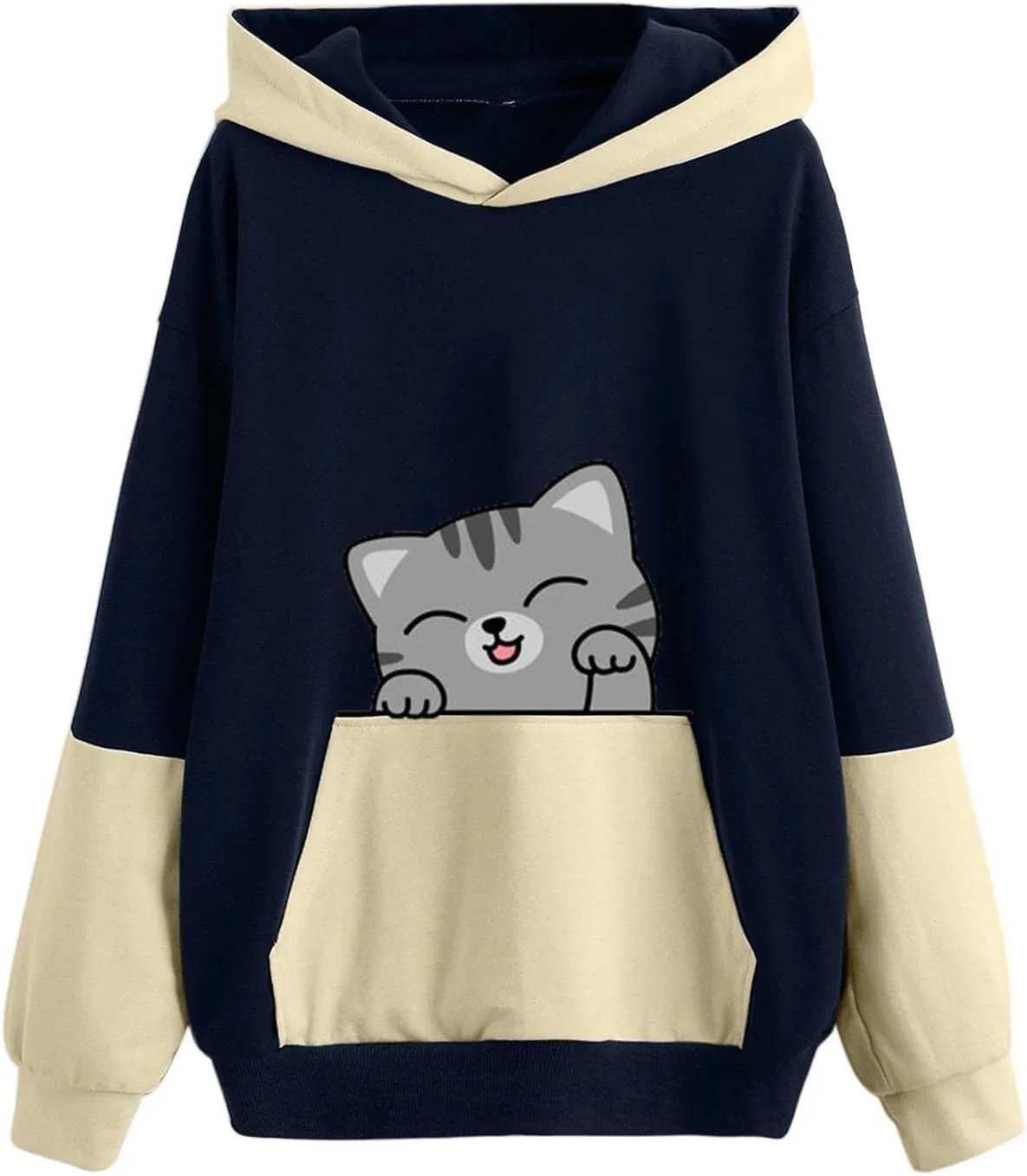 Sweatshirts for Women Trendy,Teen Girl Cute Cat Print Sweatshirt Long Sleeve Hoodies Color Block Hooded Fall Clothes