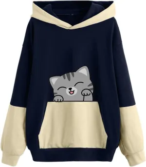 Sweatshirts for Women Trendy,Teen Girl Cute Cat Print Sweatshirt Long Sleeve Hoodies Color Block Hooded Fall Clothes