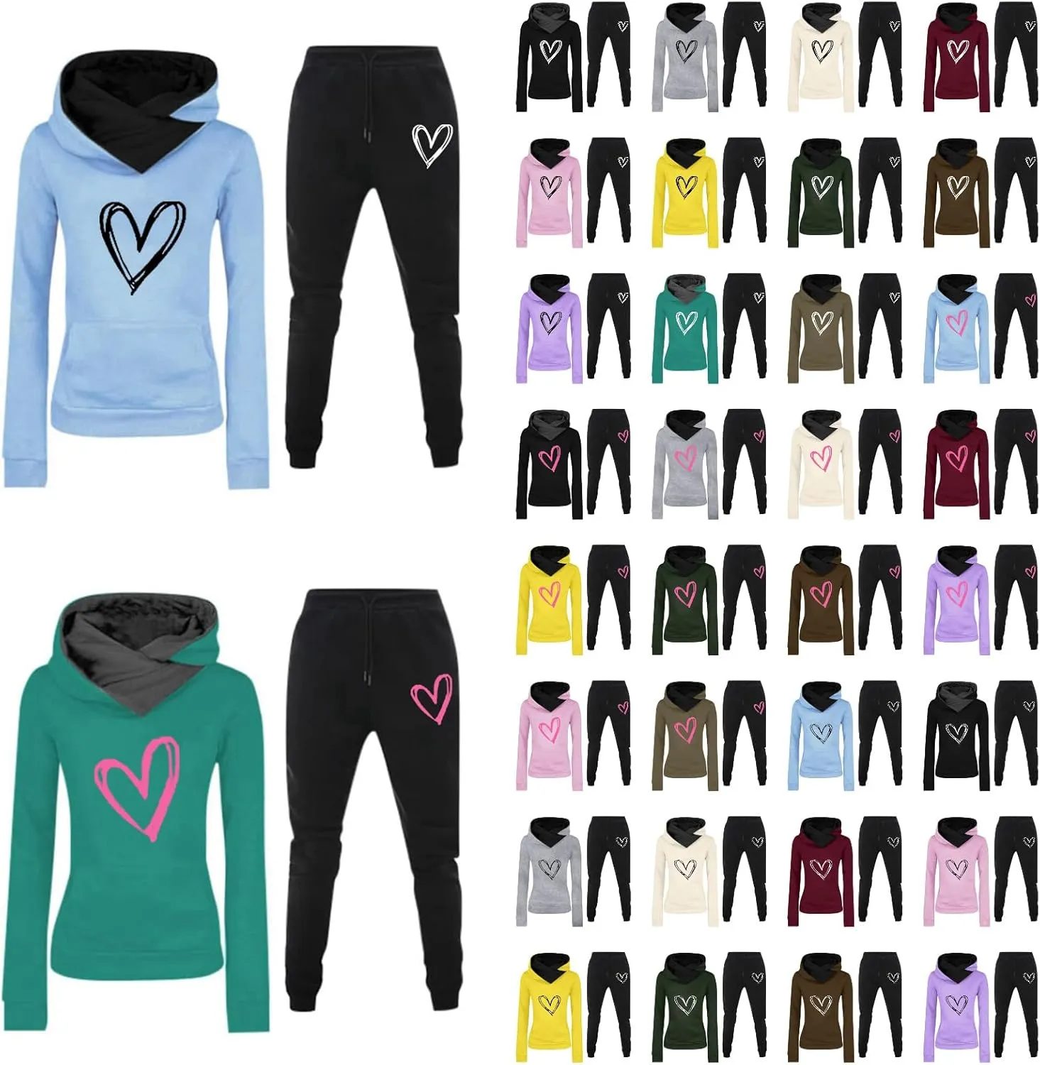 Sweatsuits Women 2 Piece Outfit,Jogging Suits for Women,Heart Print Oversized Hoodies and Sweatpants Fall Outfit 2024