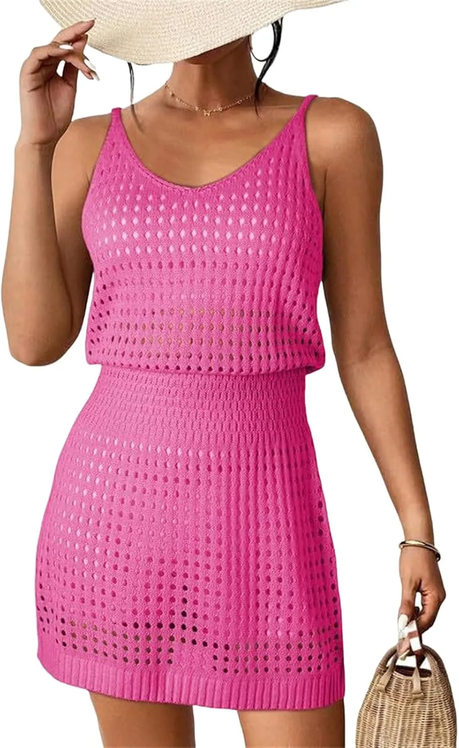 Swimsuit Coverup for Women Crochet Hollow Out Knit Beach Bathing Suit Swim Cover Ups Summer Mini Vacation Dresses