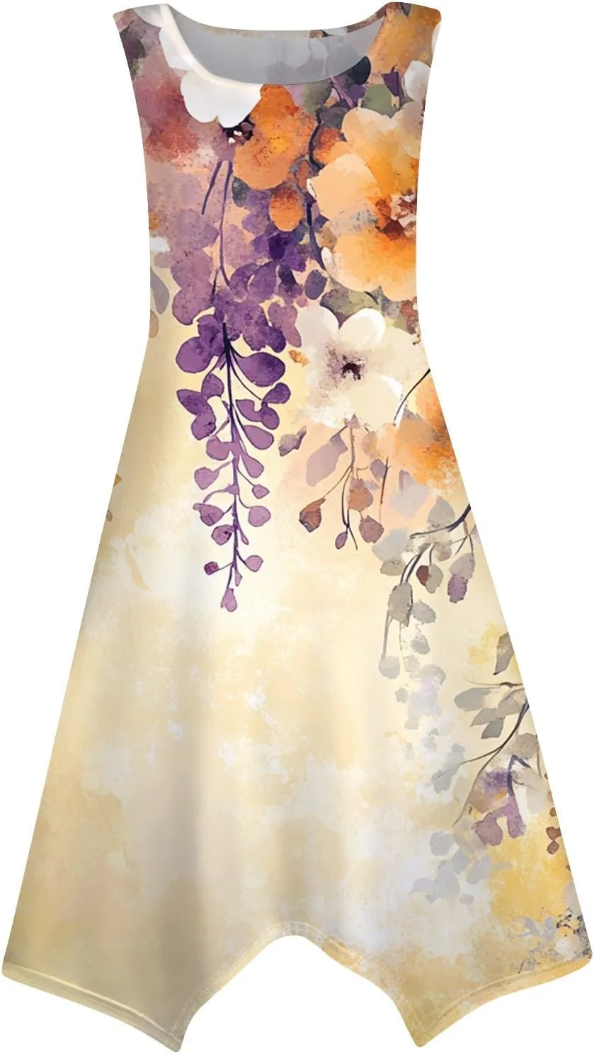 Tank Dress for Women Summer Midi Sleeveless Irregular Hem Plus Size Dress U-Neck Cocktail Dresses A Line with Pockets