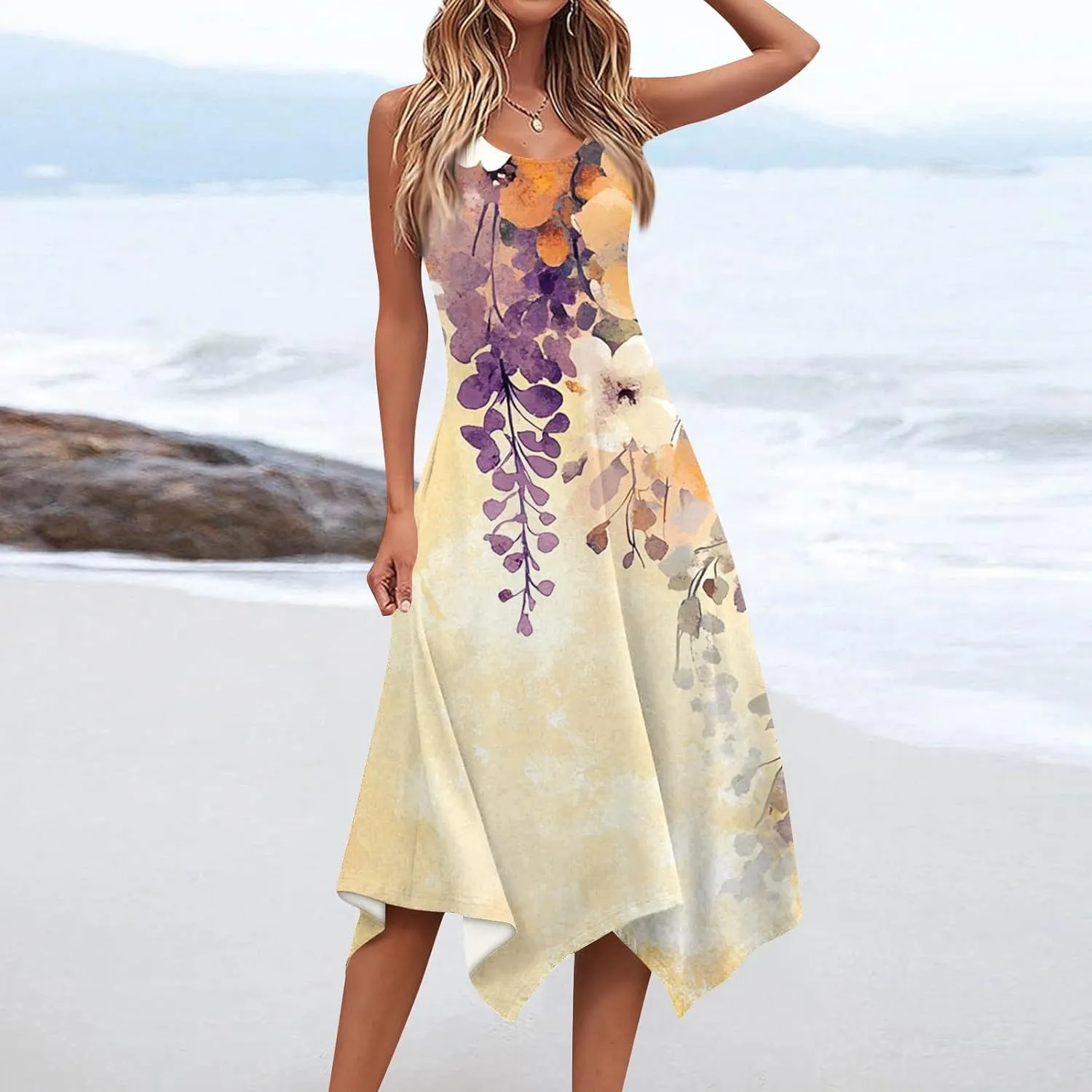 Tank Dress for Women Summer Midi Sleeveless Irregular Hem Plus Size Dress U-Neck Cocktail Dresses A Line with Pockets