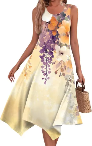 Tank Dress for Women Summer Midi Sleeveless Irregular Hem Plus Size Dress U-Neck Cocktail Dresses A Line with Pockets