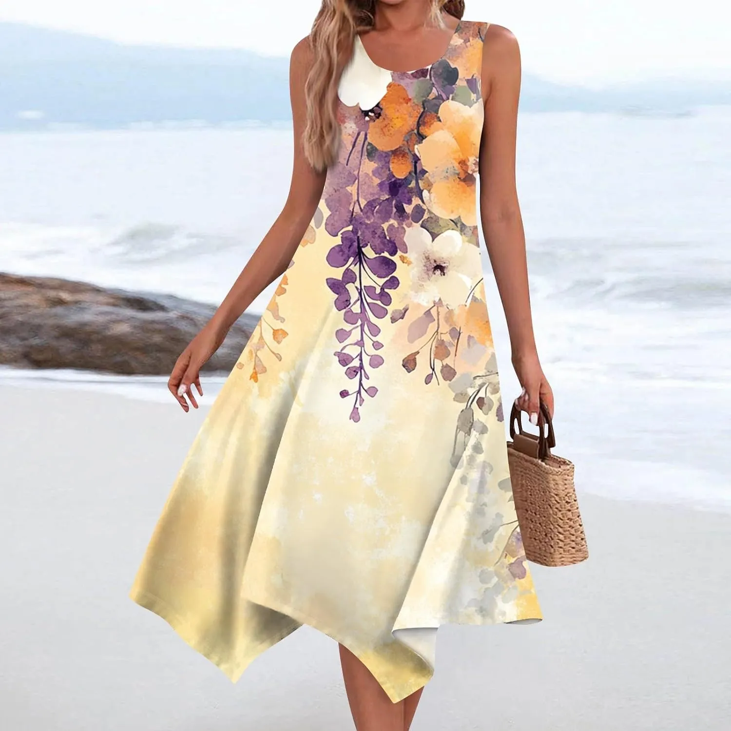 Tank Dress for Women Summer Midi Sleeveless Irregular Hem Plus Size Dress U-Neck Cocktail Dresses A Line with Pockets