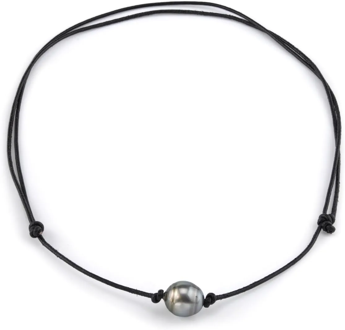 The Pearl Source 10-11mm Baroque Genuine Black Tahitian South Sea Cultured Pearl Adjustable Leather Necklace for Women