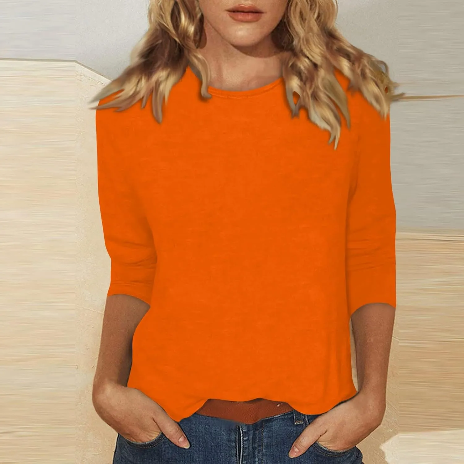 Three Quarter Sleeve Tops Woman Crewneck Cute Shirts Casual Trendy Print Blouses Length T Shirt 2024