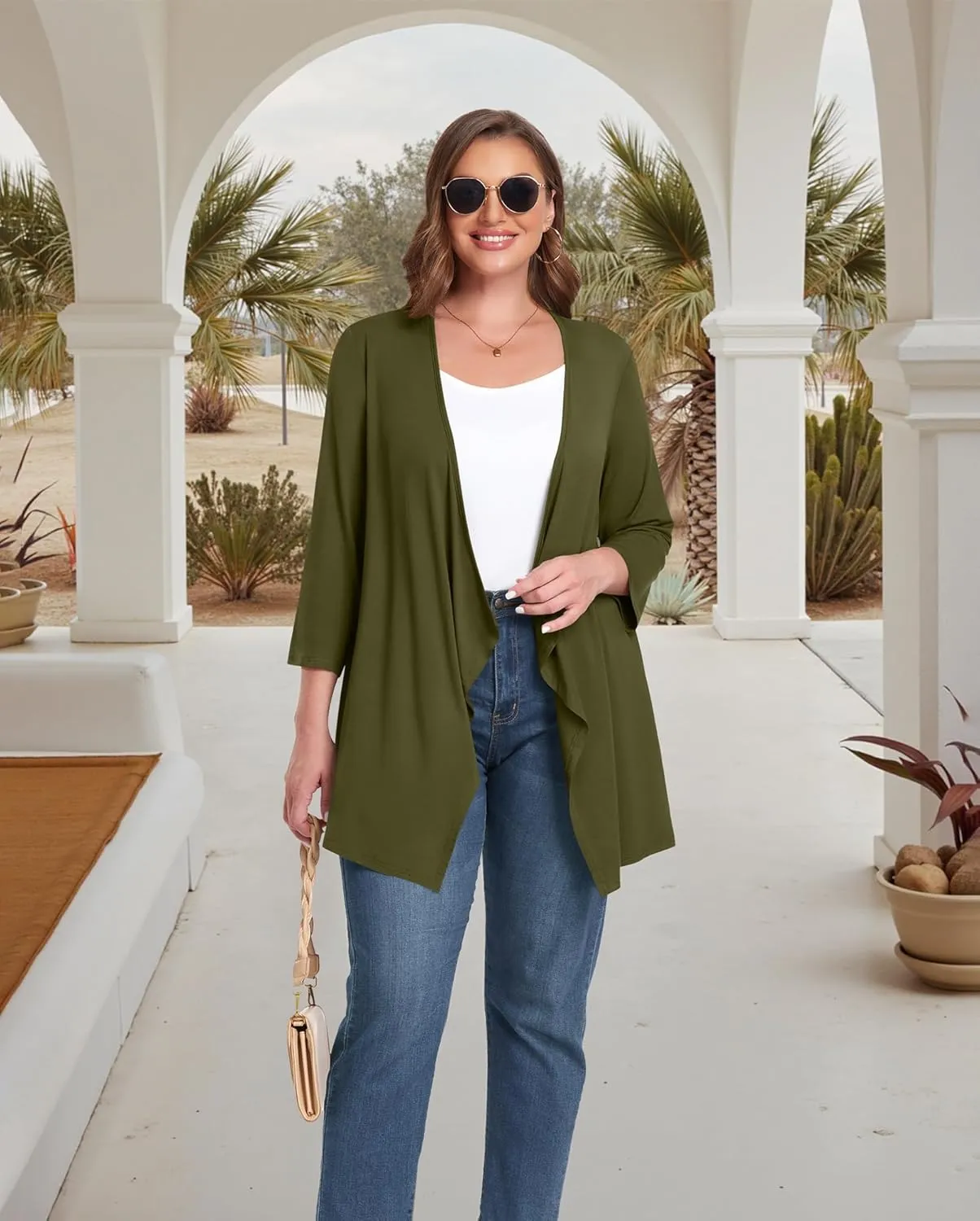 TIANZHU Women Cardigan Lightweight 3/4 Sleeve Casual Open Front Light Cardigan Drape Duster Sweaters