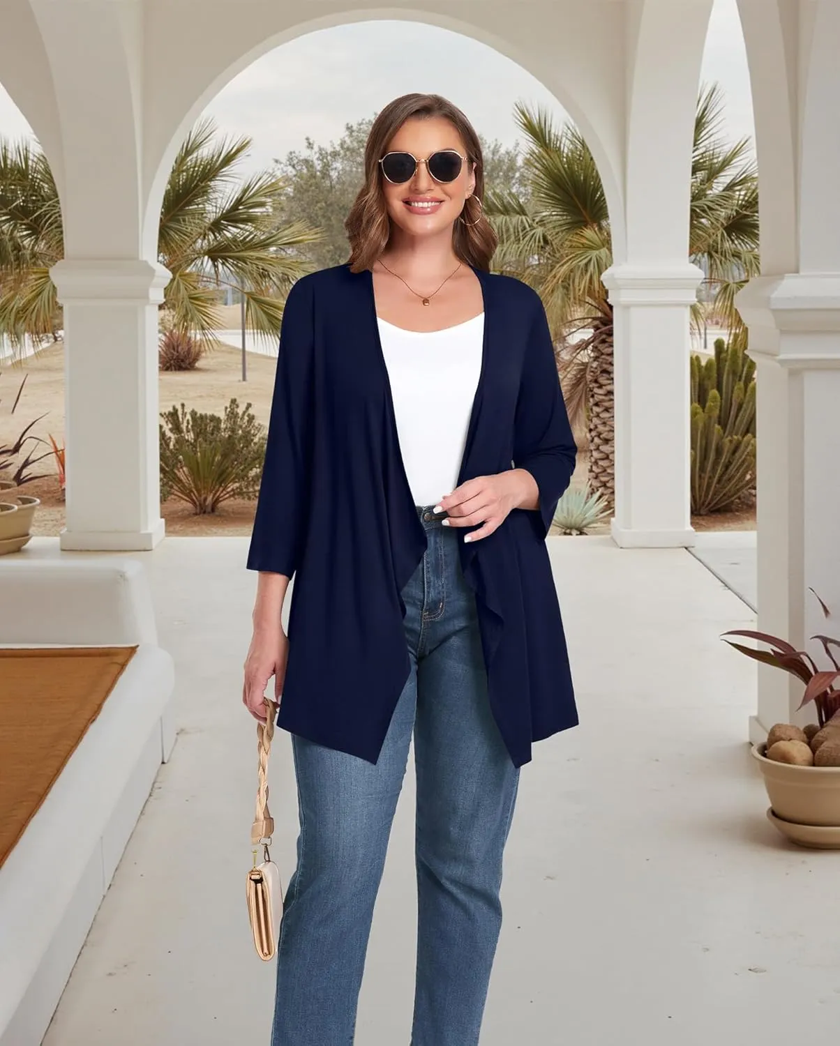 TIANZHU Women Cardigan Lightweight 3/4 Sleeve Casual Open Front Light Cardigan Drape Duster Sweaters