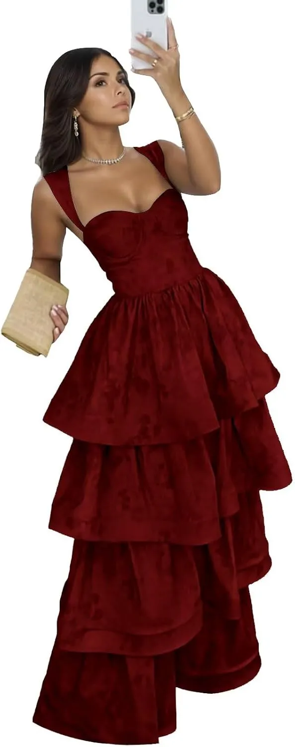 Tiered Jacquard Prom Dress for Teens Sexy Satin Formal Dress A Line Prom Dresses for Women Square Neck Evening Gowns