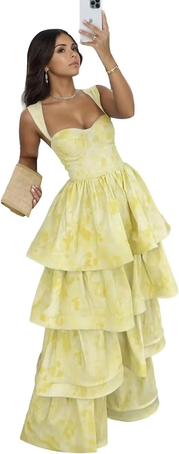 Tiered Jacquard Prom Dress for Teens Sexy Satin Formal Dress A Line Prom Dresses for Women Square Neck Evening Gowns
