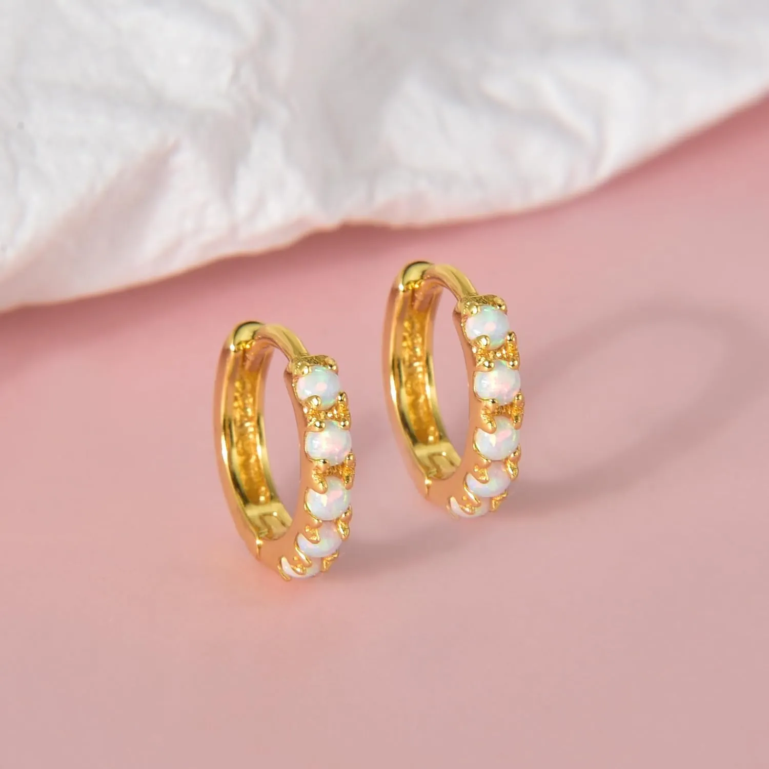 Tiny Mini Opal Huggie Hoop Earrings Upper Ear Cartilage Helix 18k Gold Plated Silver Minimalist Simple Small 10mm 8mm 6mm Hoop Earrings