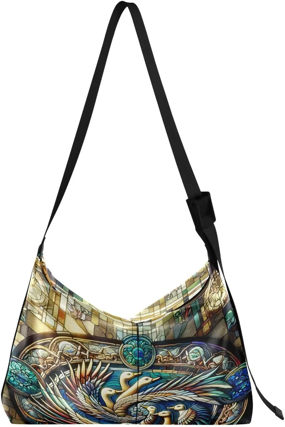 Traditional Ducks Hobo Crossbody Bags for Women Leather Large Shoulder Bag Cross Body Stained Glass Style Trendy Womens Tote Bags Handbag for Travel Shopping