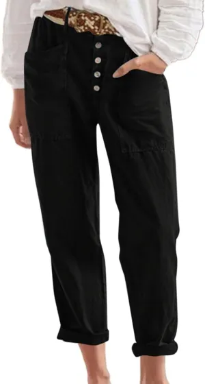 Trendy Button-Fly Straight Leg Pants for Women 2024 Spring Cotton Linen High Waist Lounge Slacks Plus Size Solid Casual Pants