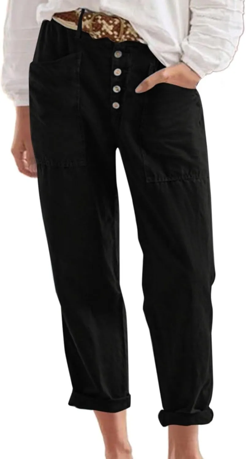 Trendy Button-Fly Straight Leg Pants for Women 2024 Spring Cotton Linen High Waist Lounge Slacks Plus Size Solid Casual Pants