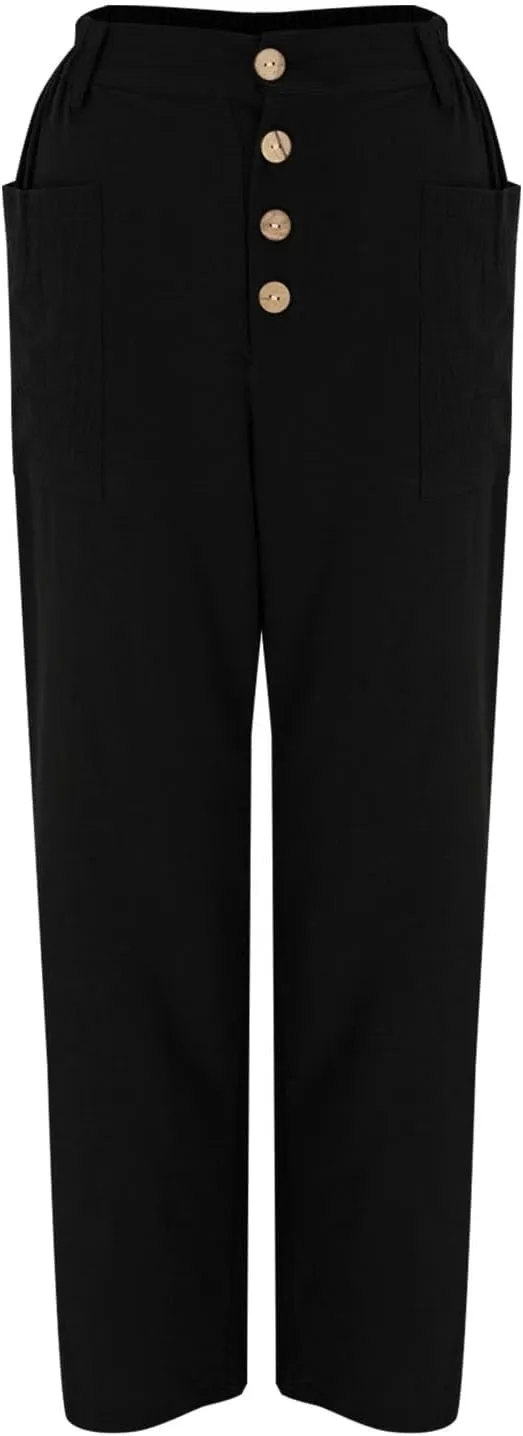 Trendy Button-Fly Straight Leg Pants for Women 2024 Spring Cotton Linen High Waist Lounge Slacks Plus Size Solid Casual Pants