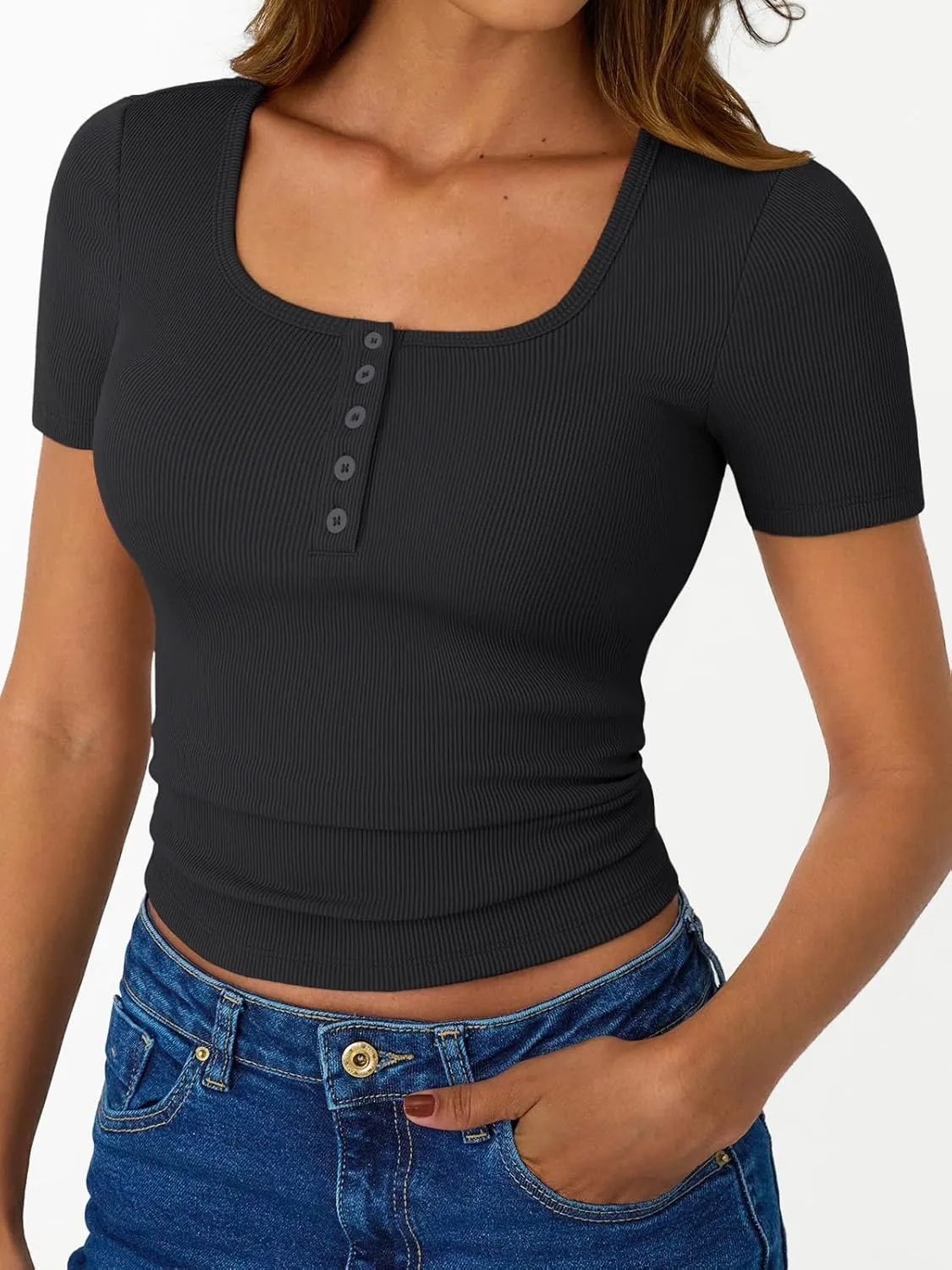 Trendy Queen Womens Short Sleeve Summer Tops Ribbed Henley T Shirts Basic Tee Cute Casual Spring Fashion Clothes 2025