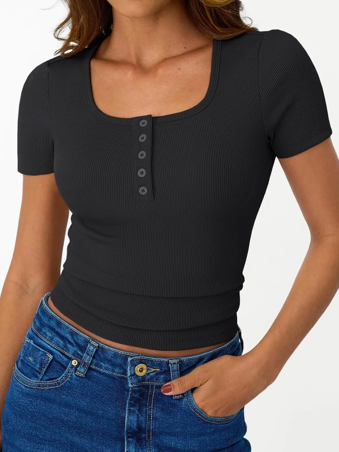 Trendy Queen Womens Short Sleeve Summer Tops Ribbed Henley T Shirts Basic Tee Cute Casual Spring Fashion Clothes 2025
