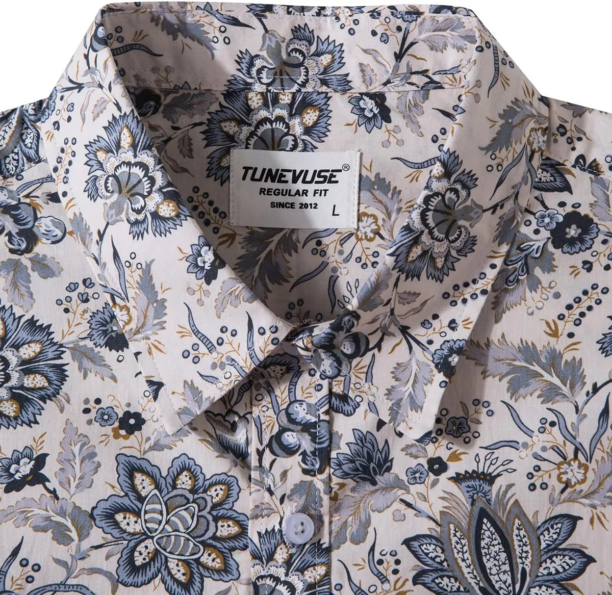 TUNEVUSE Men Floral Dress Shirts Long Sleeve Casual Button Down Flower Printed Shirts 100% Cotton