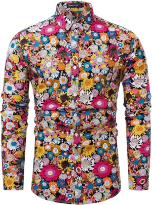 TUNEVUSE Men Floral Dress Shirts Long Sleeve Casual Button Down Flower Printed Shirts 100% Cotton