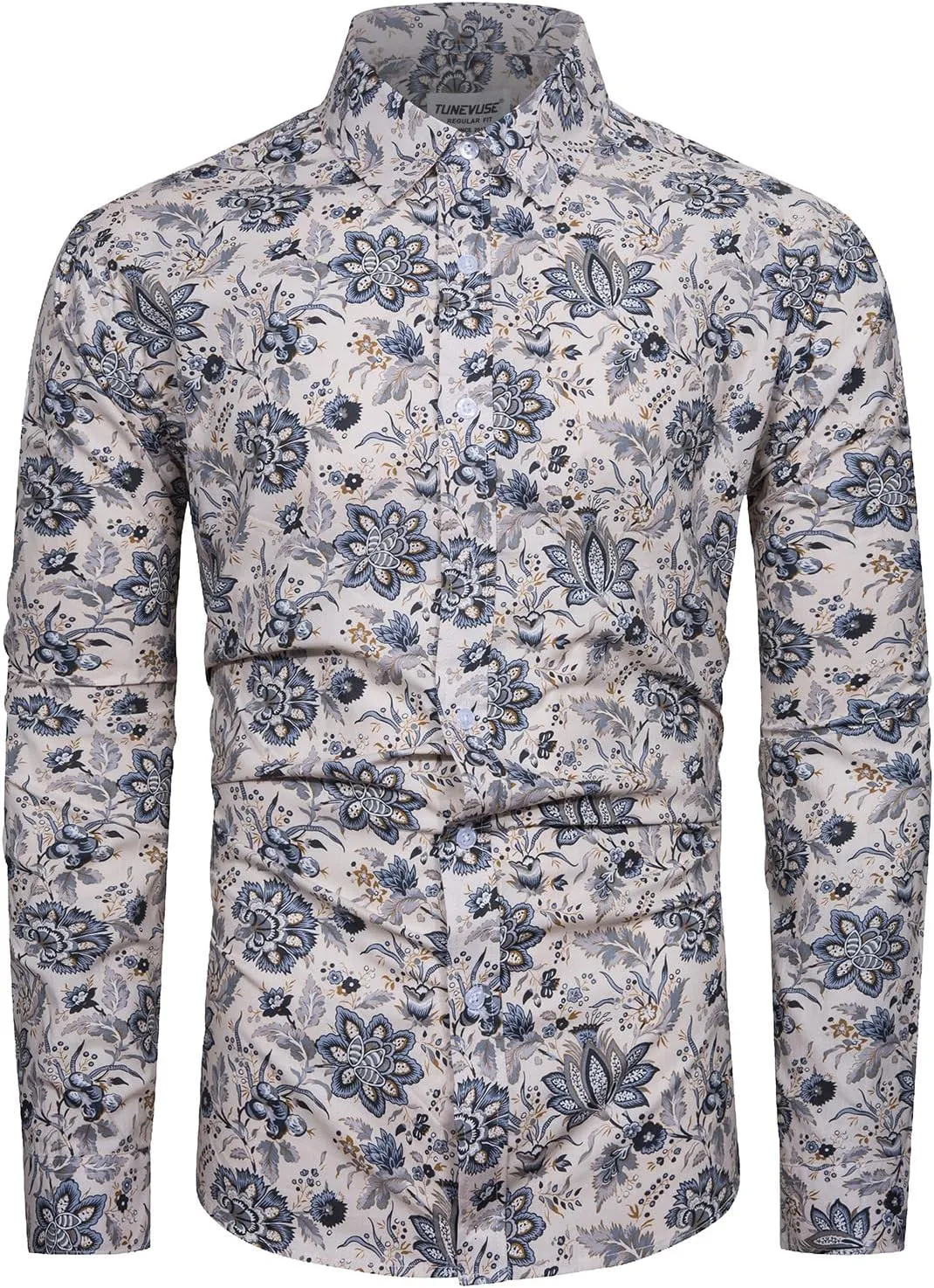 TUNEVUSE Men Floral Dress Shirts Long Sleeve Casual Button Down Flower Printed Shirts 100% Cotton