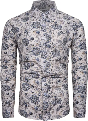 TUNEVUSE Men Floral Dress Shirts Long Sleeve Casual Button Down Flower Printed Shirts 100% Cotton