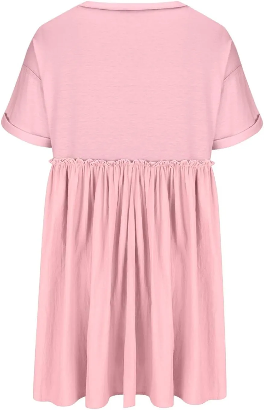 Tunic Dress for Womens Loose Fit Drop Shoulder Ruffle Flowy Mini Dress Cute Y2K Summer Crew Neck Short Swing Skater Dresses