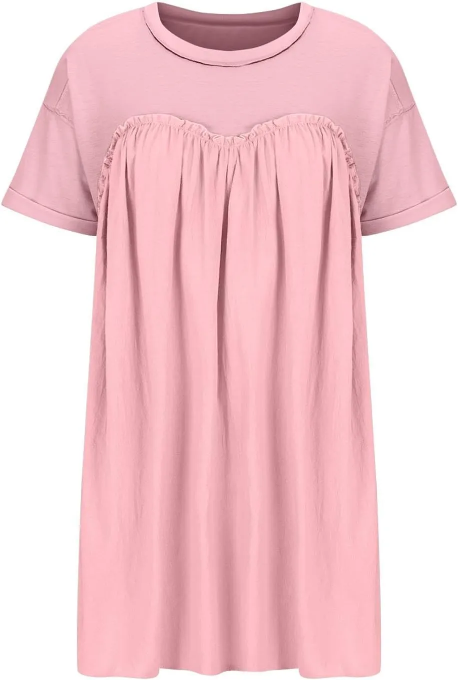 Tunic Dress for Womens Loose Fit Drop Shoulder Ruffle Flowy Mini Dress Cute Y2K Summer Crew Neck Short Swing Skater Dresses