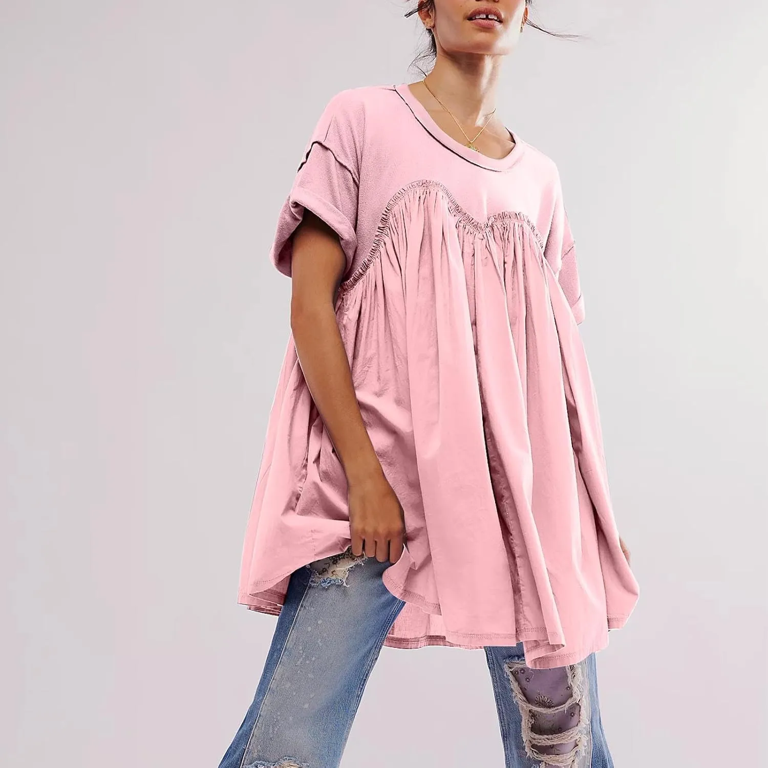 Tunic Dress for Womens Loose Fit Drop Shoulder Ruffle Flowy Mini Dress Cute Y2K Summer Crew Neck Short Swing Skater Dresses