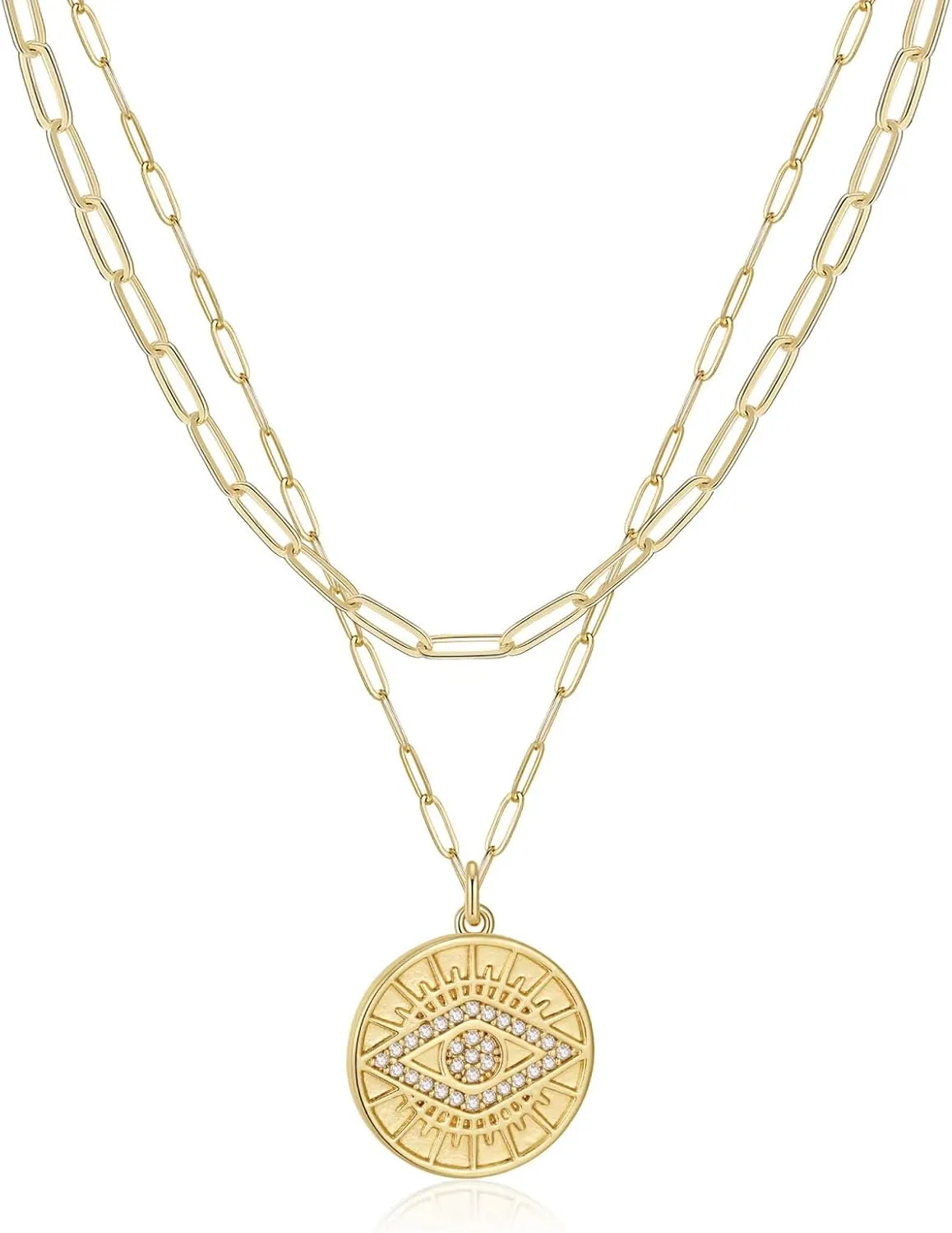 Turandoss Gold Necklaces for Women - 14K Gold Plated Lock Evil Eye Medallion Vintage Coin Necklace Bee Sun Moon Shell Gold Chain Necklace Layered Paperclip Chain Necklaces for Women Jewelry Gifts