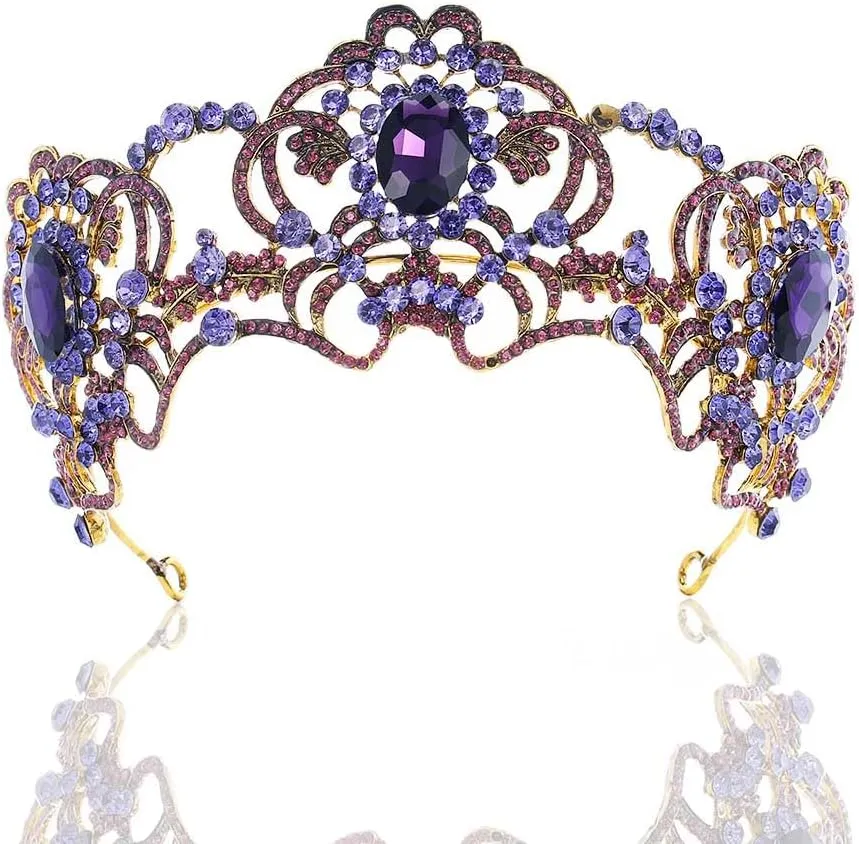 Uranian Gold Baroque Crowns Purple Crystal Rhinestones Bridal Crowns and Tiaras Wedding Queen Crowns for Women Decorative Princess Tiaras Halloween Hair Accessories for Women and Girls